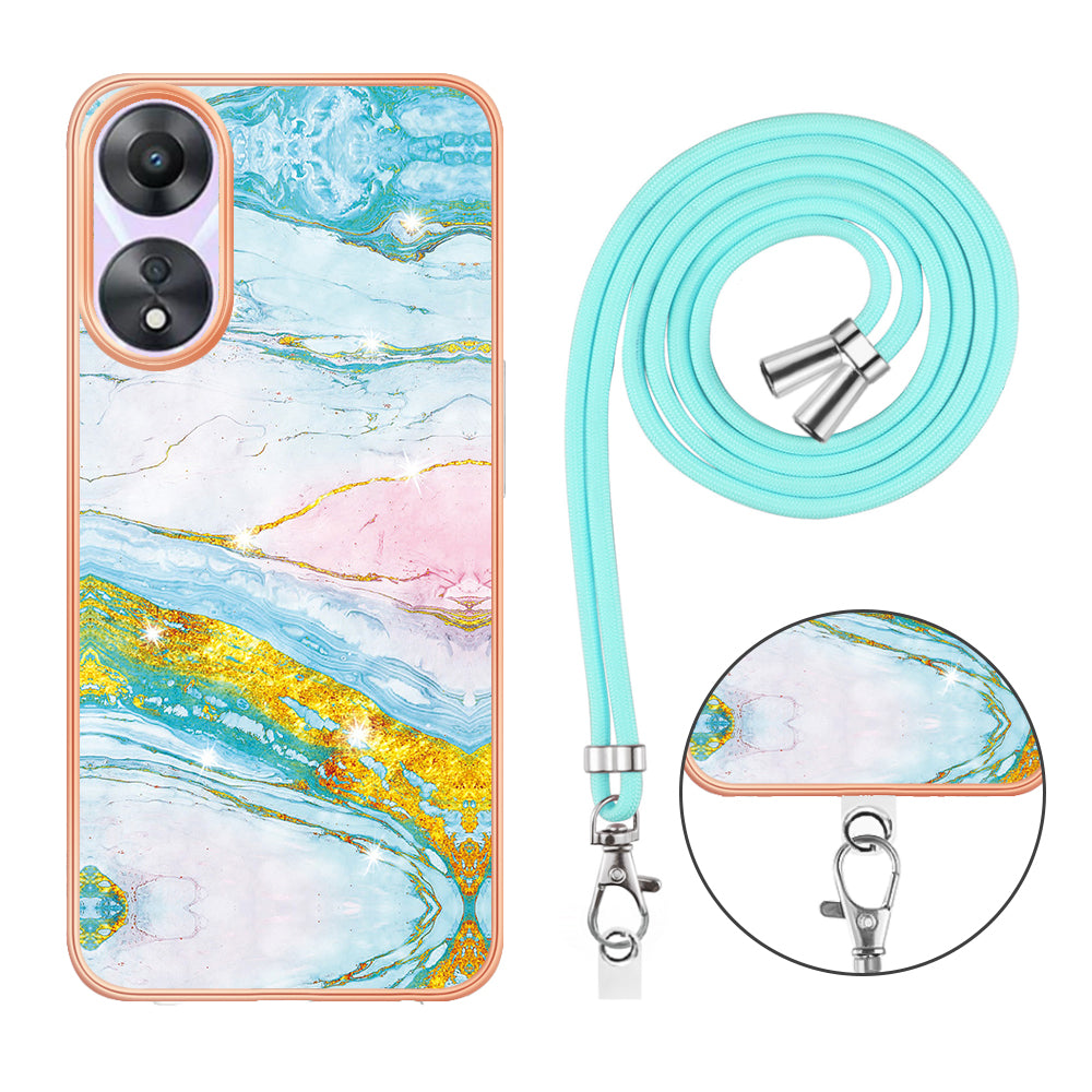 YB IMD Series-9 For Oppo A78 / A58 5G Electroplating Frame TPU Cover IMD Marble Pattern Phone Case with Lanyard - Green 004 YB IMD Series-9 For Oppo A78 / A58 5G Electroplating Frame TPU Cover IMD Marble Pattern Phone Case with Lanyard - Green 004
